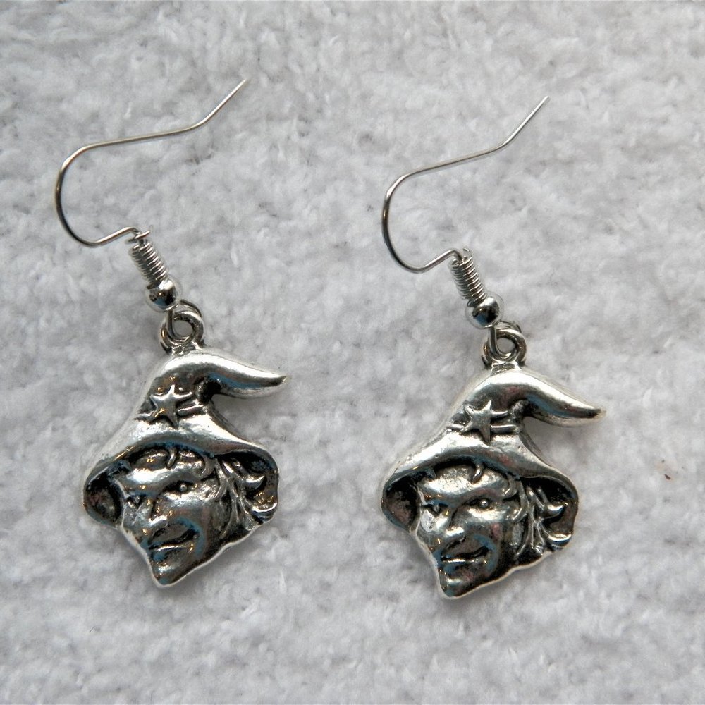 Silver Witch Face Dangle Earrings
